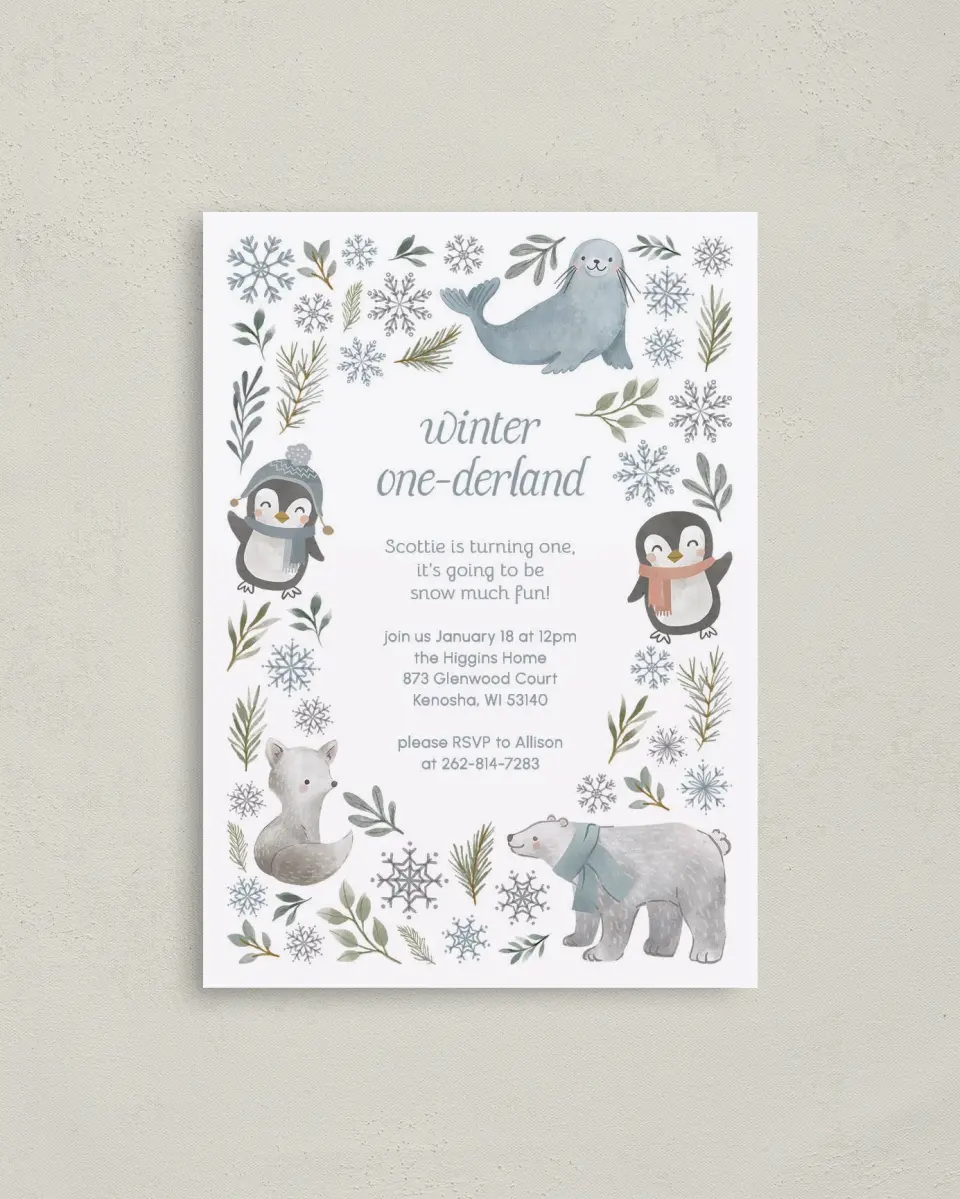 This is a 4" x 5.6" Birthday Party Invitation called Winter Wonderland printed in full color on Soft Touch Finish paper