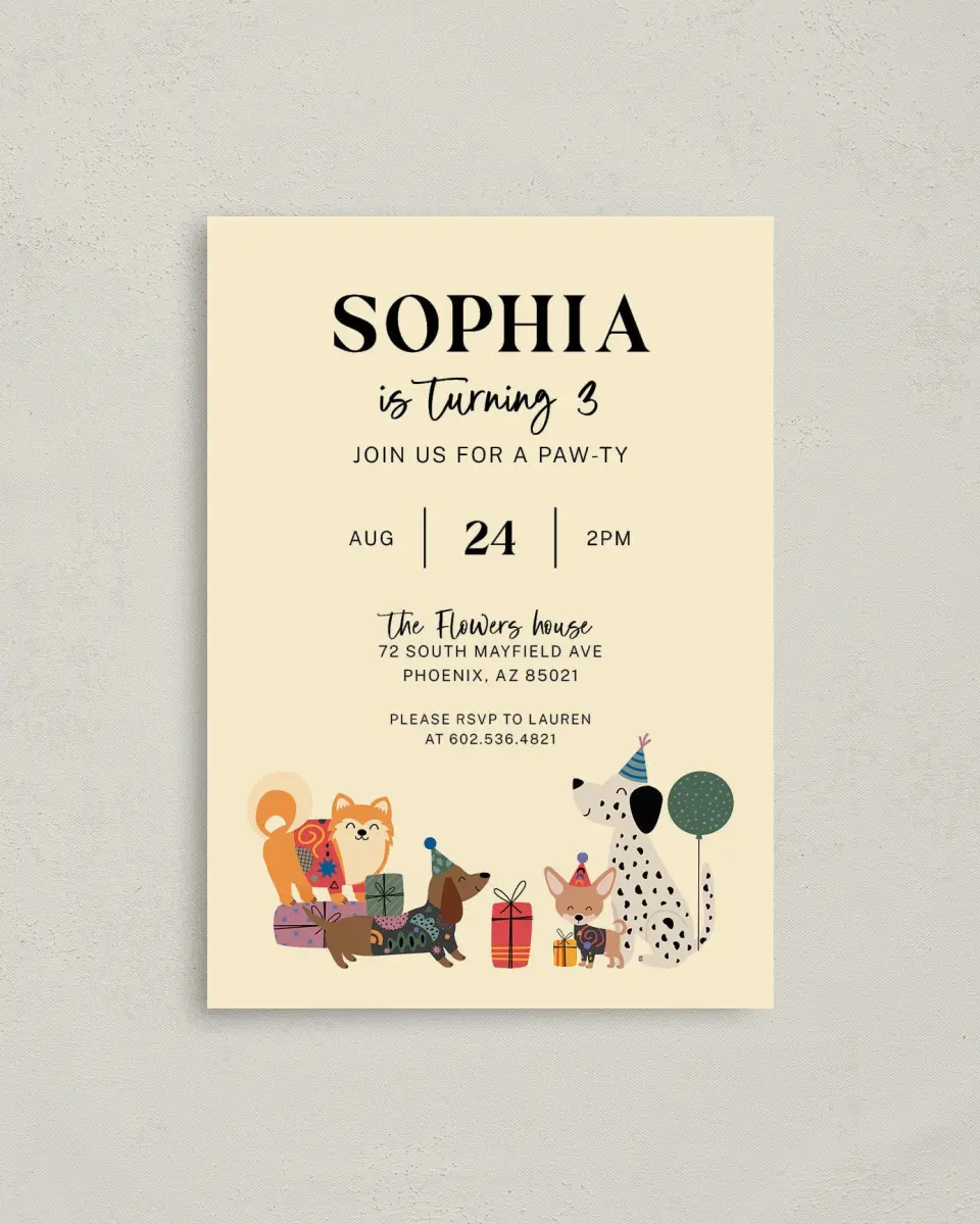 This is a 4" x 5.6" Birthday Party Invitation called Party Pups printed in full color on Soft Touch Finish paper