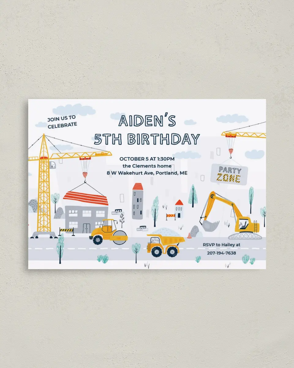 This is a 4" x 5.6" Birthday Party Invitation called Under Construction printed in full color on Soft Touch Finish paper