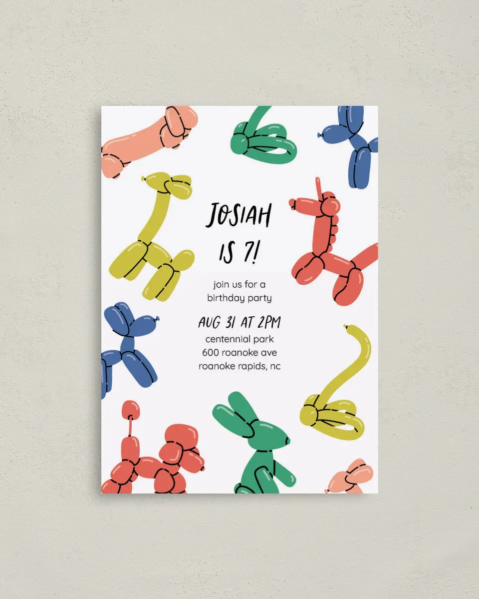 This is a 4" x 5.6" Birthday Party Invitation called Balloon Blast printed in full color on Soft Touch Finish paper