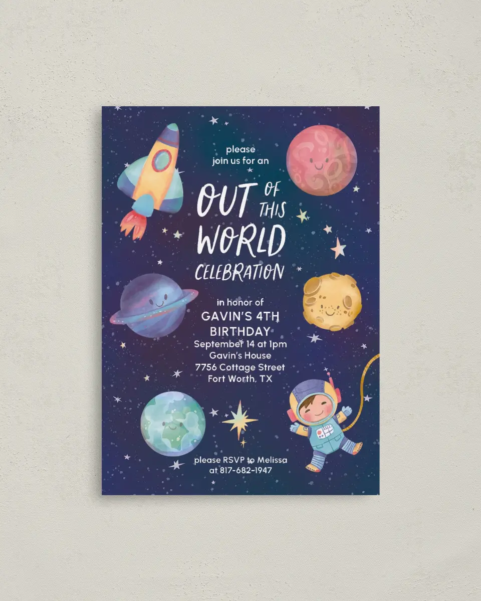 This is a 4" x 5.6" Birthday Party Invitation called Out of this World printed in full color on Soft Touch Finish paper