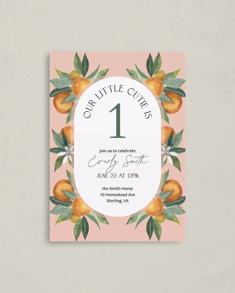 This is a 4" x 5.6" Birthday Party Invitation called Our Cutie printed in full color on Soft Touch Finish paper