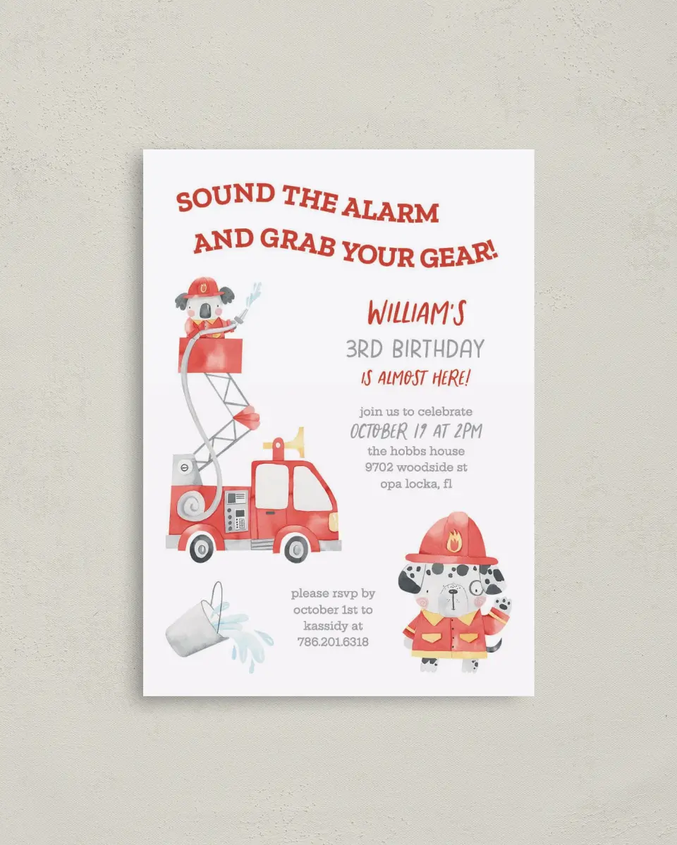 This is a 4" x 5.6" Birthday Party Invitation called Sound the Alarm printed in full color on Soft Touch Finish paper