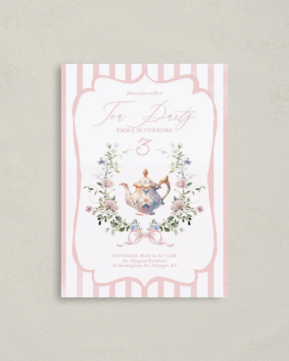 This is a 4" x 5.6" Birthday Party Invitation called Birthday Tea printed in full color on Soft Touch Finish paper