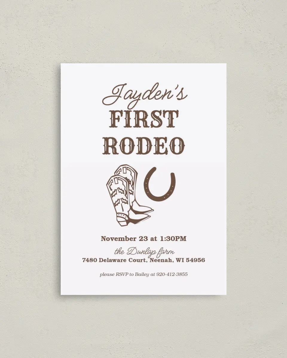 This is a 4" x 5.6" Birthday Party Invitation called First Rodeo printed in full color on Soft Touch Finish paper