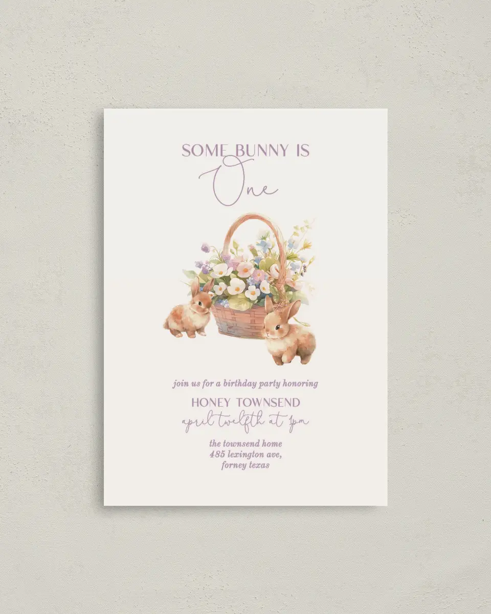 This is a 4" x 5.6" Birthday Party Invitation called Some Bunny printed in full color on Soft Touch Finish paper