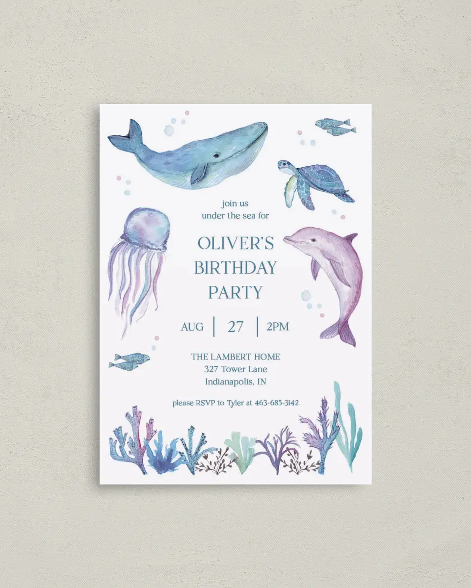 This is a 4" x 5.6" Birthday Party Invitation called Deep Sea printed in full color on Soft Touch Finish paper