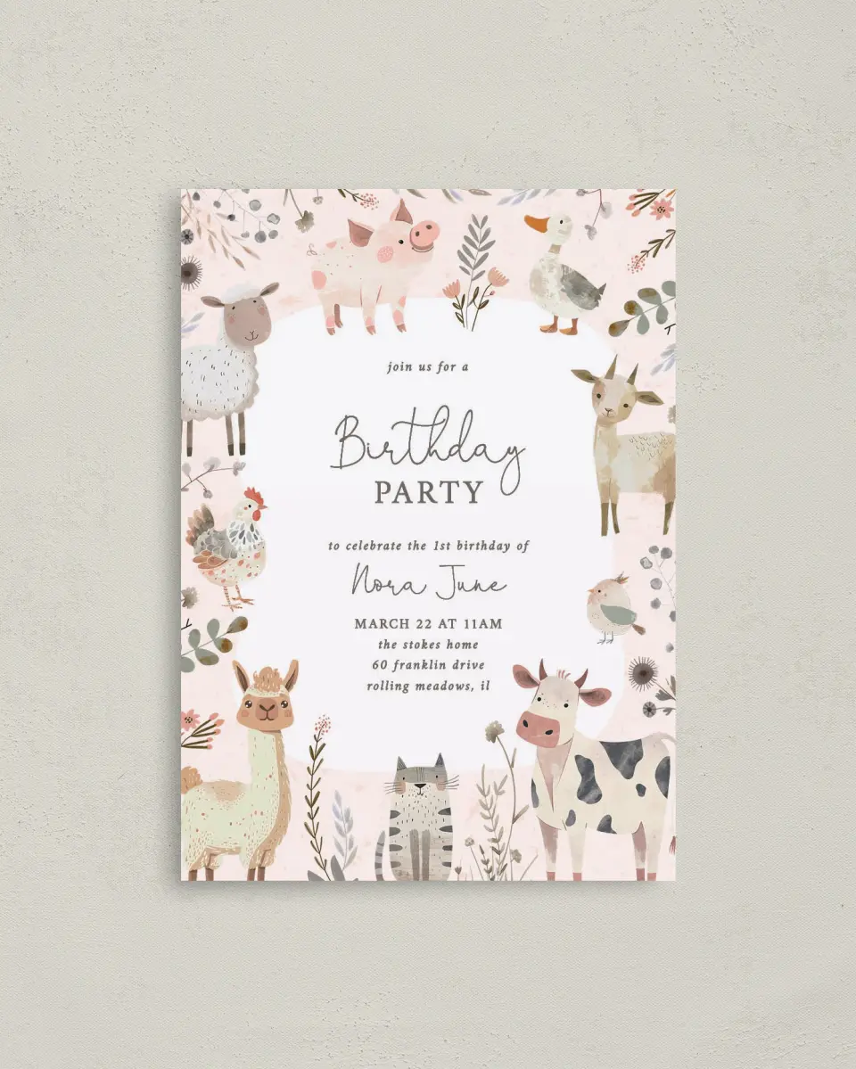 This is a 4" x 5.6" Birthday Party Invitation called Farm Friends printed in full color on Soft Touch Finish paper