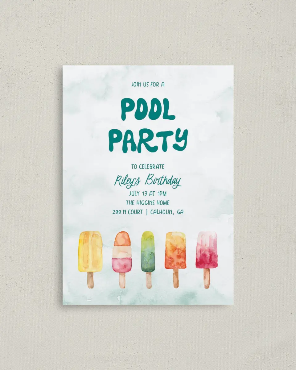 This is a 4" x 5.6" Birthday Party Invitation called Poolside Popsicles printed in full color on Soft Touch Finish paper