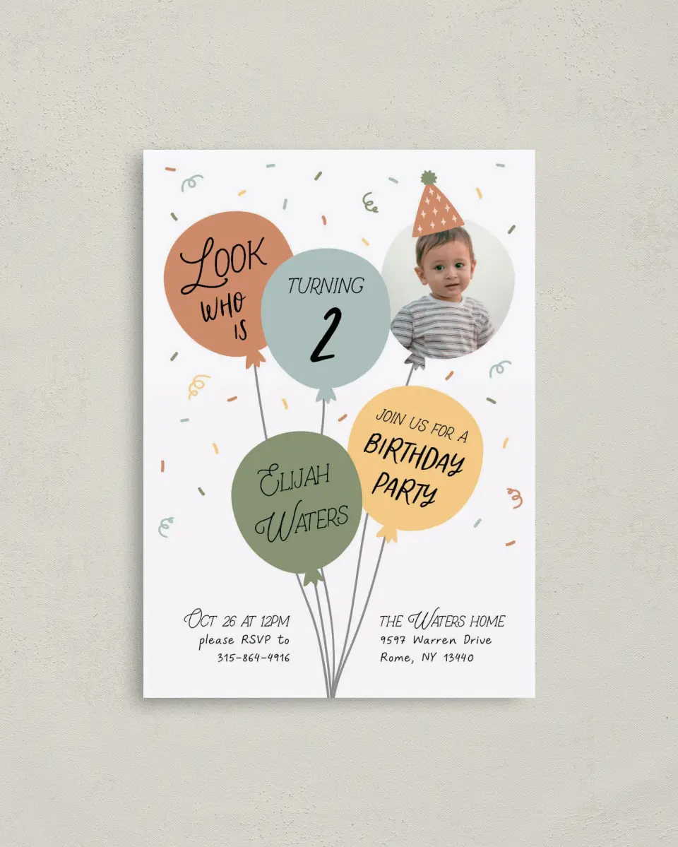 This is a 4" x 5.6" Birthday Party Invitation called Birthday Blast printed in full color on Soft Touch Finish paper