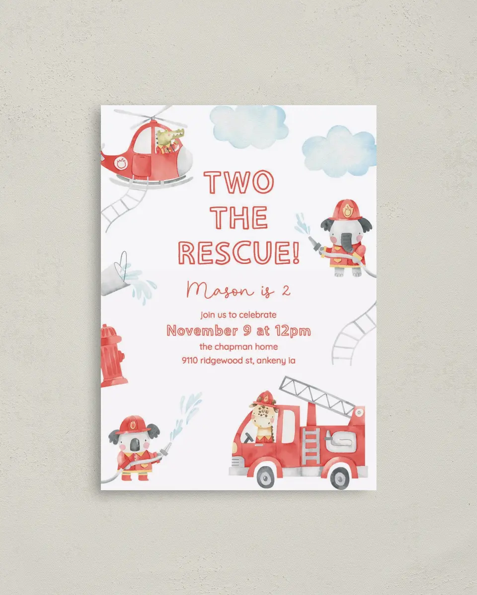 This is a 4" x 5.6" Birthday Party Invitation called Two the Rescue printed in full color on Soft Touch Finish paper