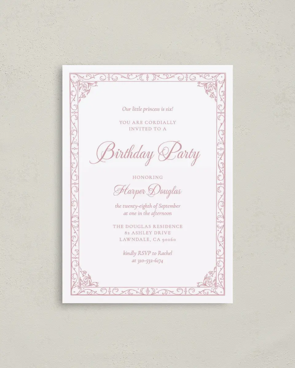 This is a 4" x 5.6" Birthday Party Invitation called Princess Elegance printed in full color on Soft Touch Finish paper