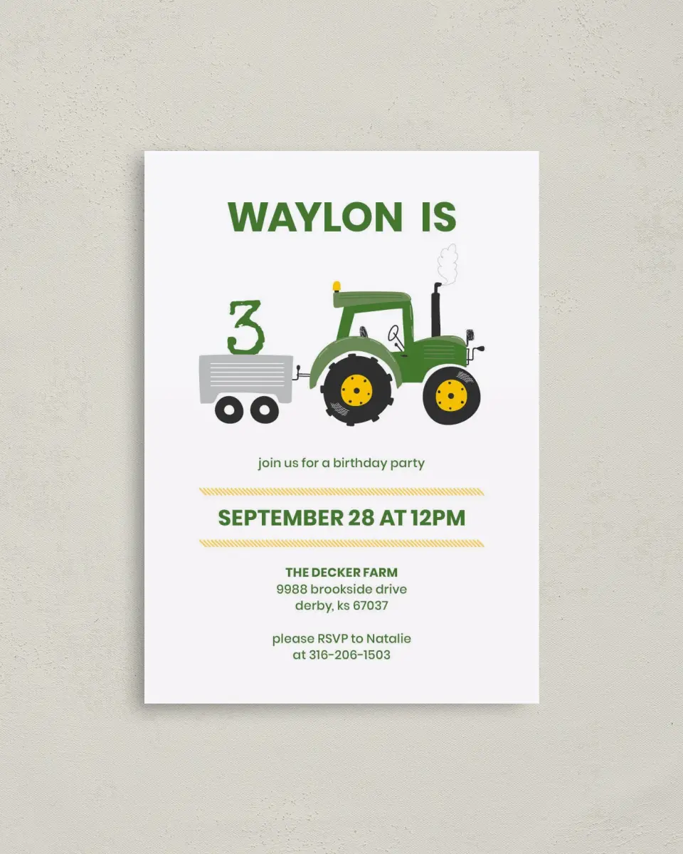 This is a 4" x 5.6" Birthday Party Invitation called Tractor Trek printed in full color on Soft Touch Finish paper