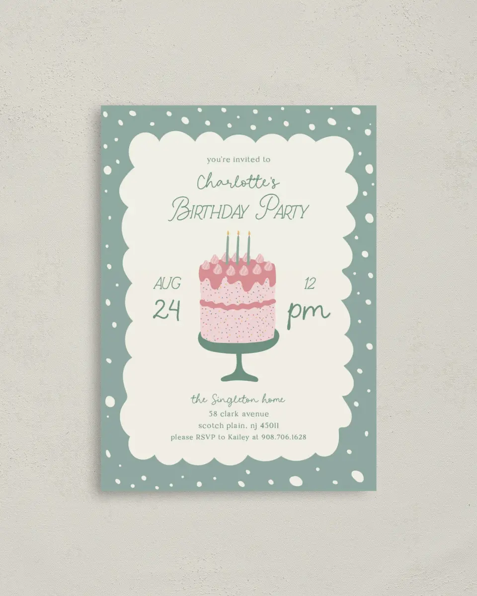 This is a 4" x 5.6" Birthday Party Invitation called Sweet Celebration printed in full color on Soft Touch Finish paper