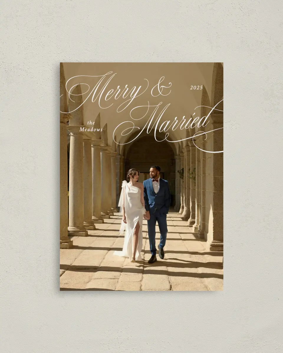 This is a 4" x 5.6" Christmas Card called Elegant Newlyweds printed in full color on Premium Smooth paper