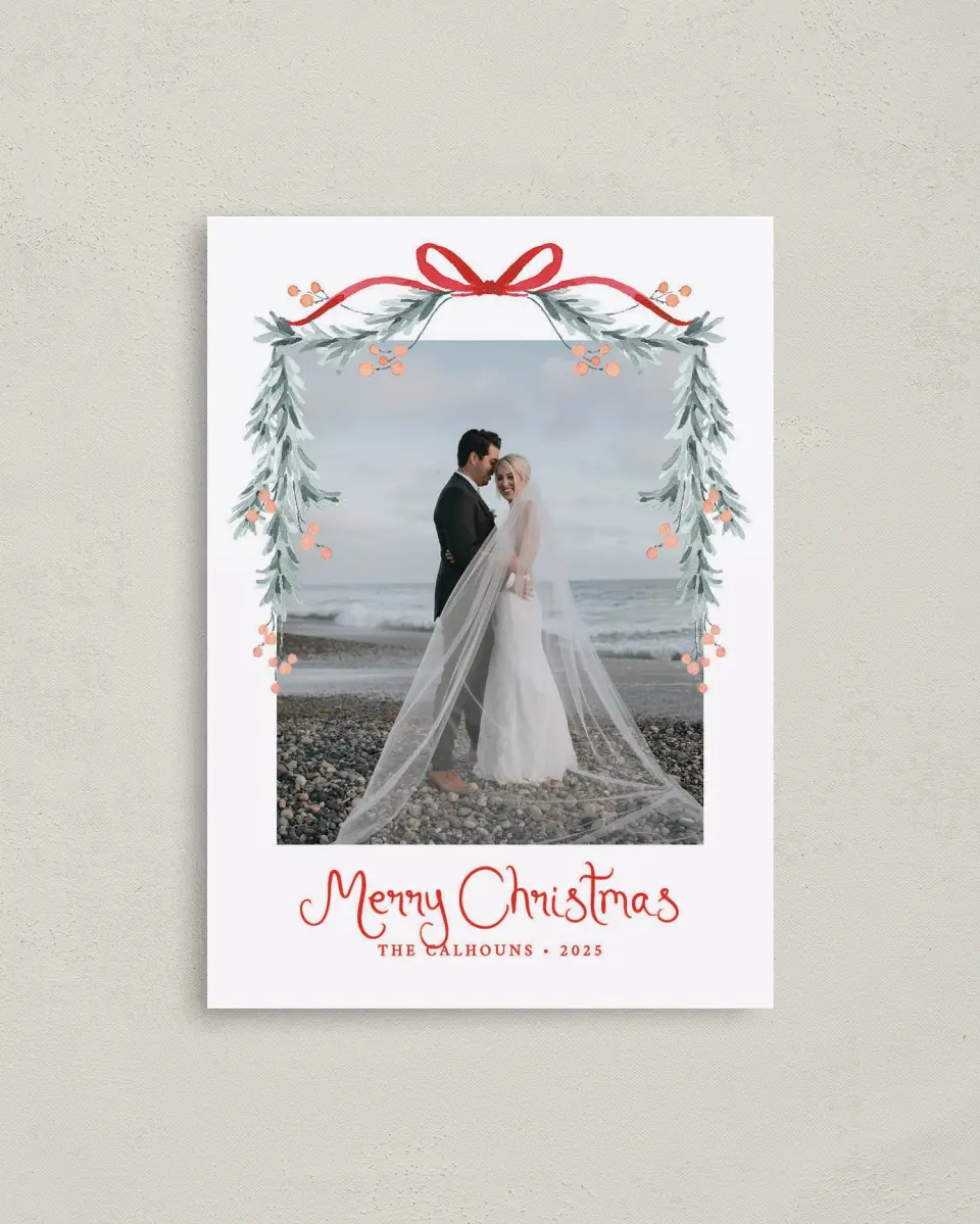 This is a 4" x 5.6" Christmas Card called Blushing Bow printed in full color on Premium Smooth paper