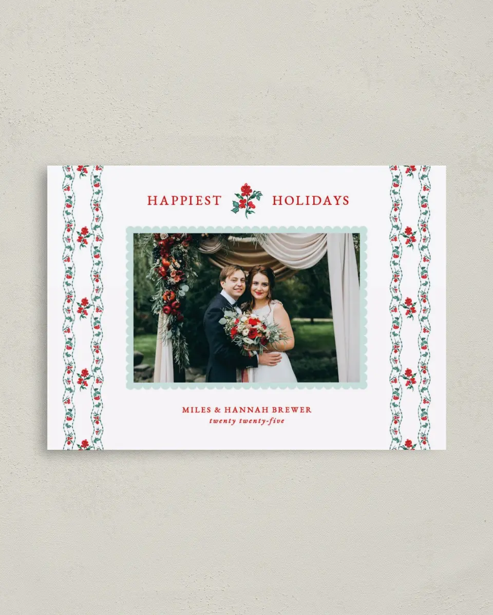 This is a 4" x 5.6" Christmas Card called Vintage Petals printed in full color with Rose Gold foil on Soft Suede (coated) paper