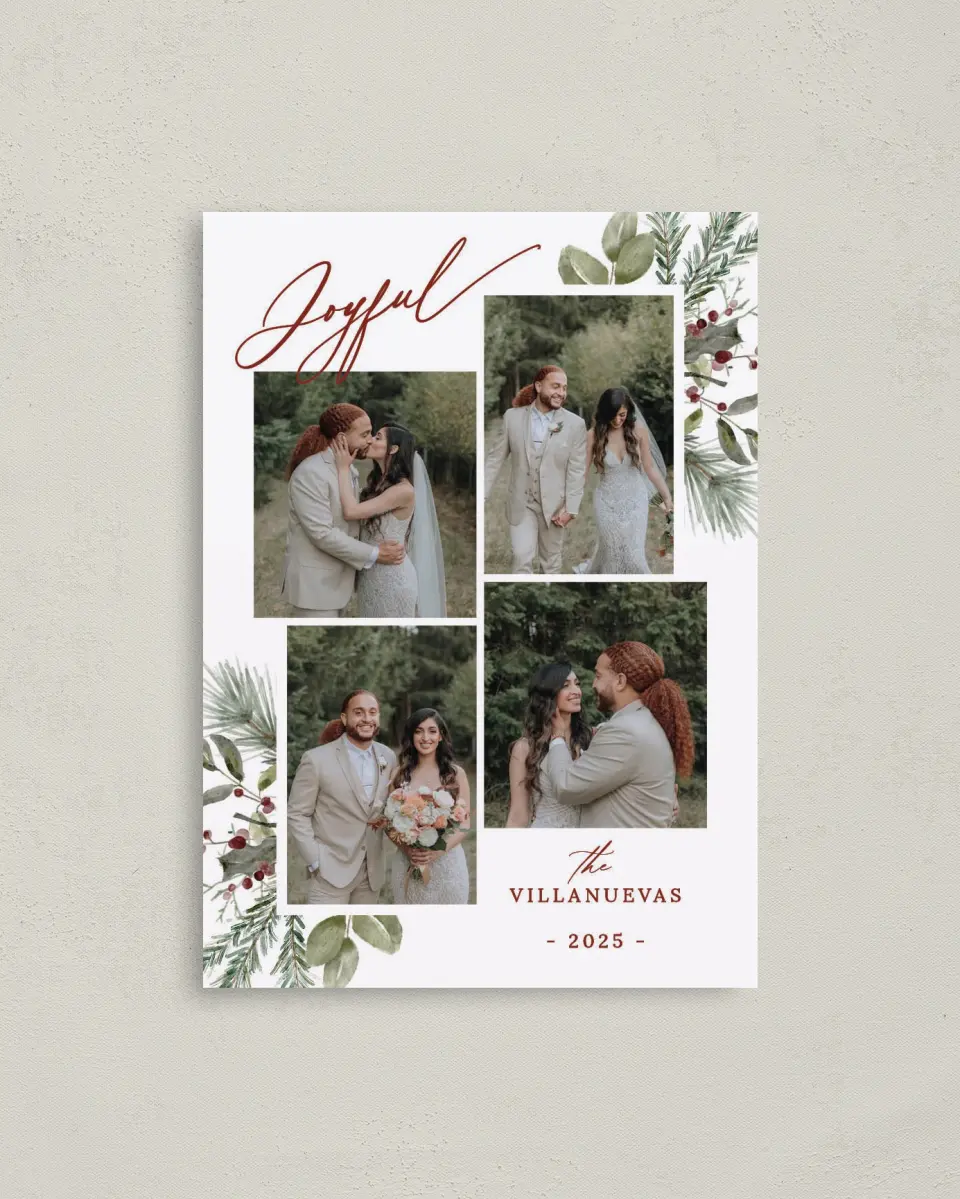 This is a 4" x 5.6" Christmas Card called Joyful Evergreen printed in full color on Premium Smooth paper