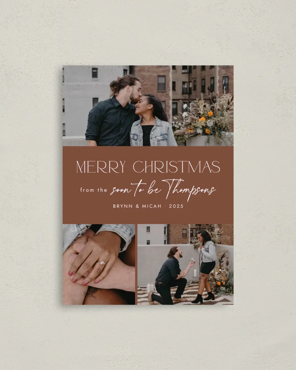 This is a 4" x 5.6" Christmas Card called Soon to Be printed in full color with Gold foil on Soft Suede (coated) paper