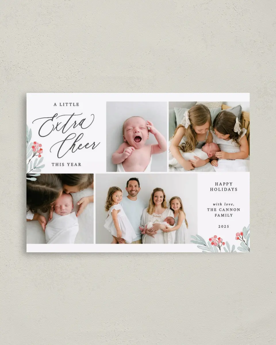 This is a 4" x 5.6" Christmas Card called Extra Cheer printed in full color on Premium Smooth paper