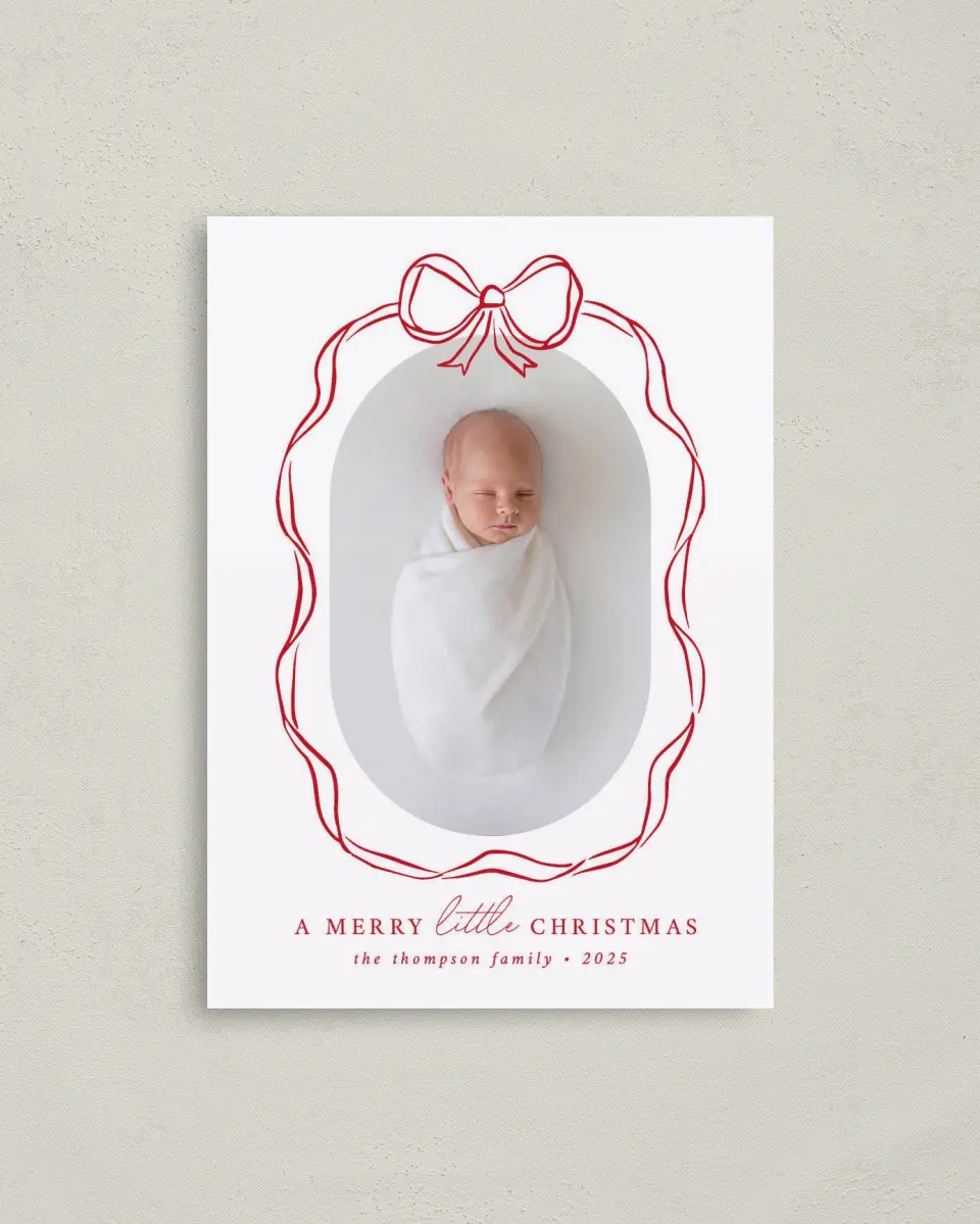This is a 4" x 5.6" Christmas Card called Little Christmas printed in full color with Rose Gold foil on Soft Suede (coated) paper