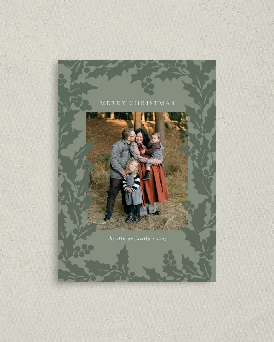 This is a 4" x 5.6" Christmas Card called Holly Harmony printed in full color on Premium Smooth paper