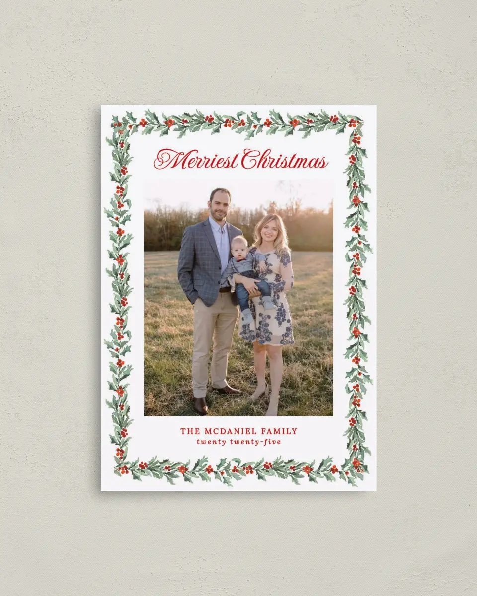 This is a 4" x 5.6" Christmas Card called Holly Delight printed in full color on Premium Smooth paper