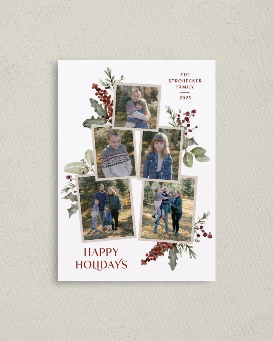 This is a 4" x 5.6" Christmas Card called Merriest Berries printed in full color on Premium Smooth paper