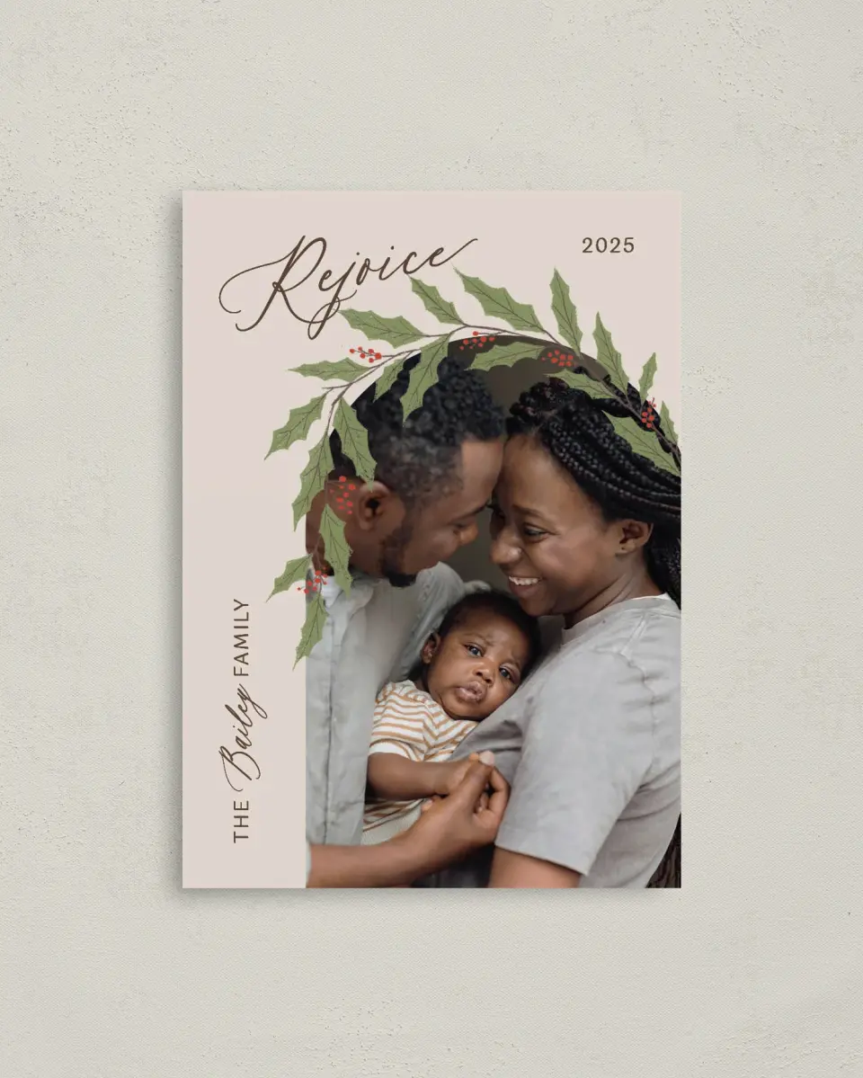 This is a 4" x 5.6" Christmas Card called Joyful Vine printed in full color with Rose Gold foil on Soft Suede (coated) paper