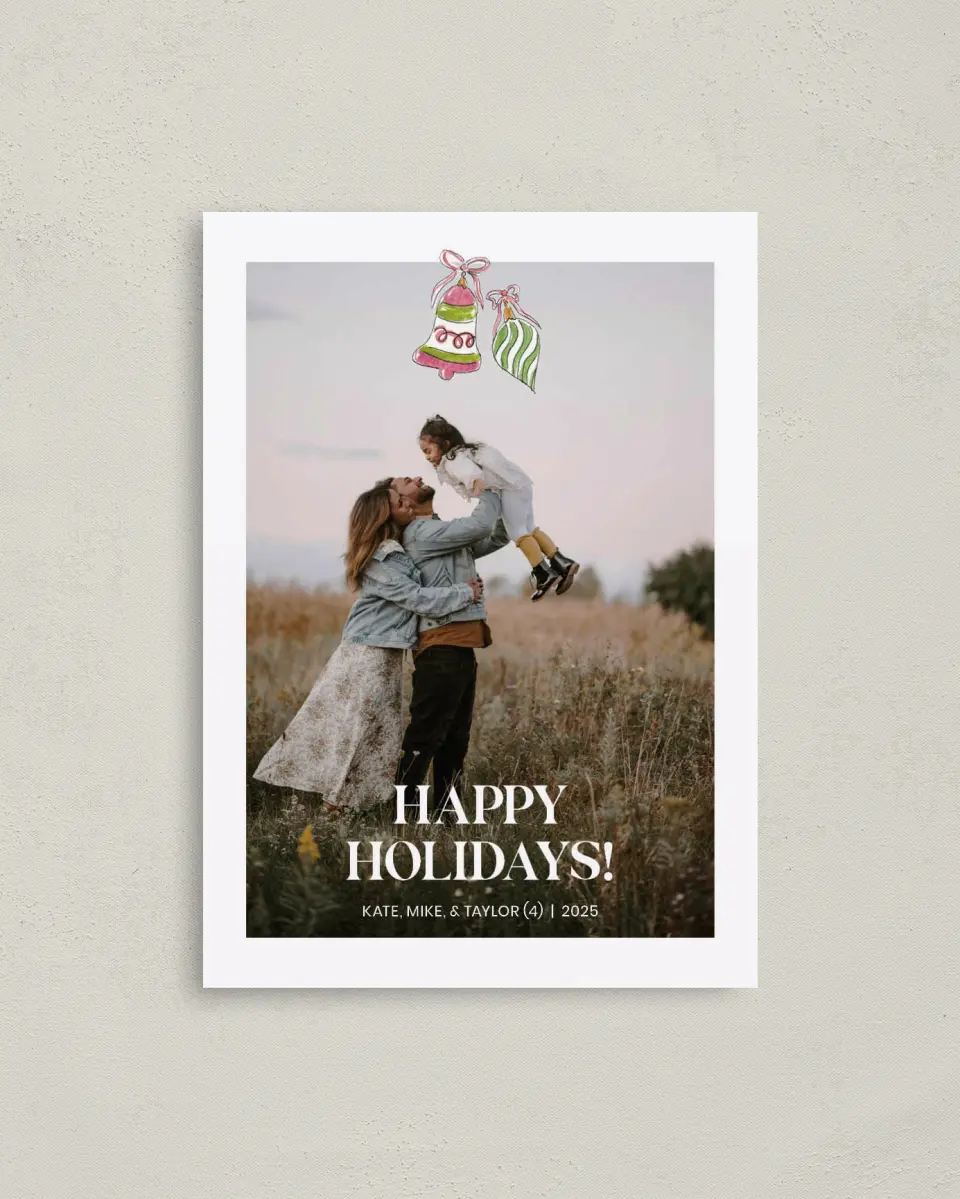 This is a 4" x 5.6" Christmas Card called Ornamented Joy printed in full color with Gold foil on Soft Suede (coated) paper