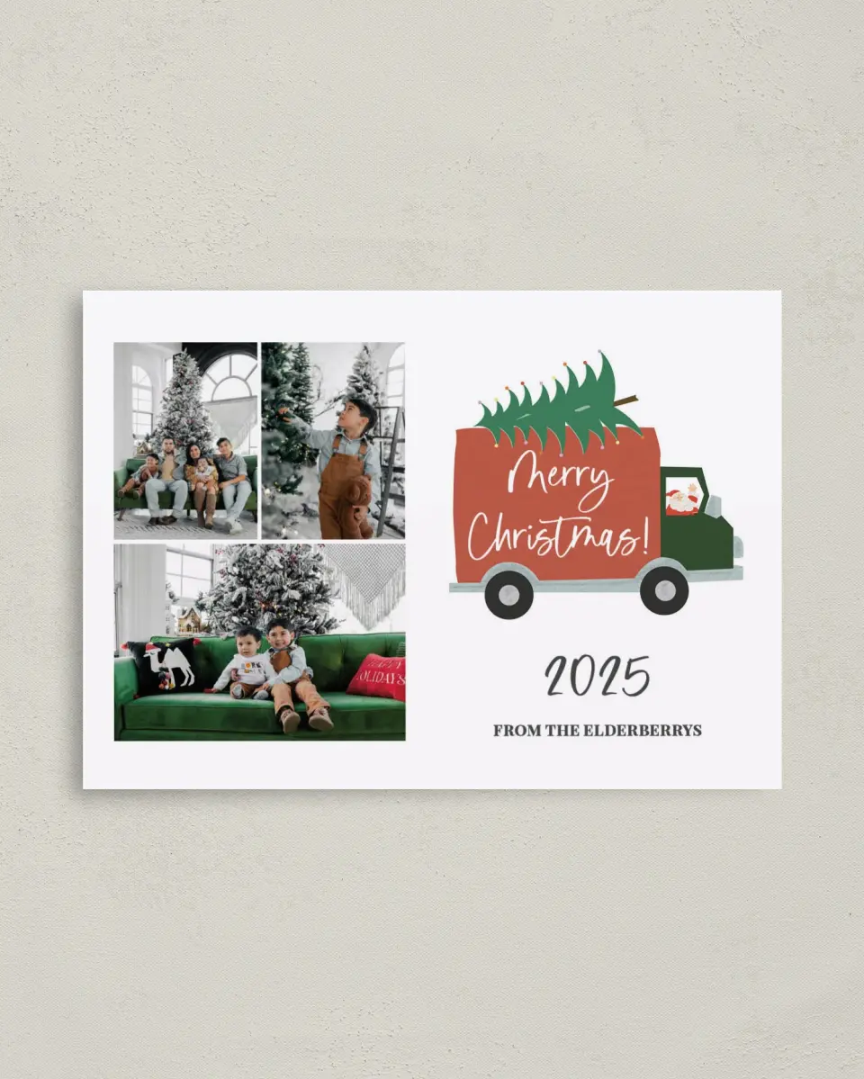 This is a 4" x 5.6" Christmas Card called Holiday Haul printed in full color on Premium Smooth paper