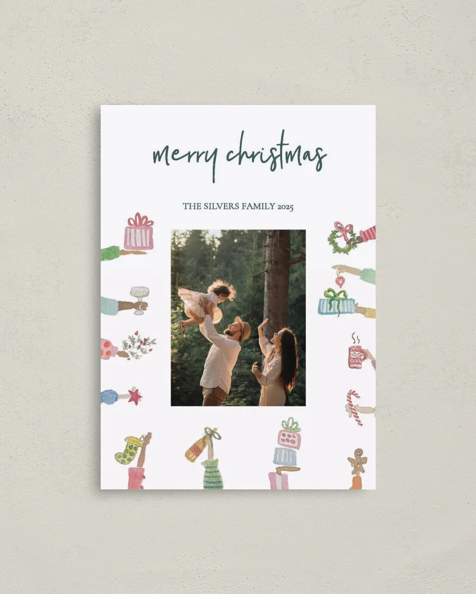 This is a 4" x 5.6" Christmas Card called Wrapped Wishes printed in full color on Premium Smooth paper
