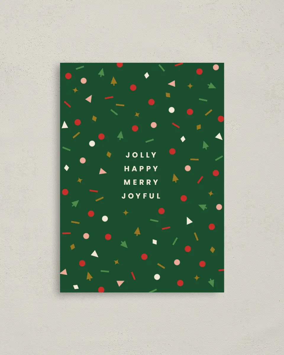 This is a 4" x 5.6" Christmas Card called Jolly & Joyful Confetti printed in full color on Premium Smooth paper
