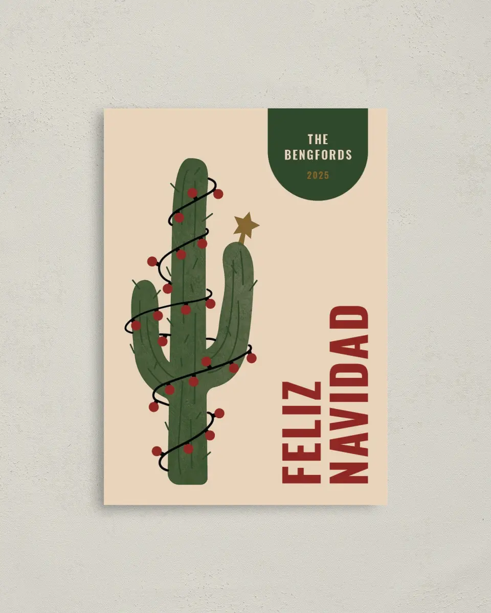 This is a 4" x 5.6" Christmas Card called Feliz Cactus printed in full color on Premium Smooth paper