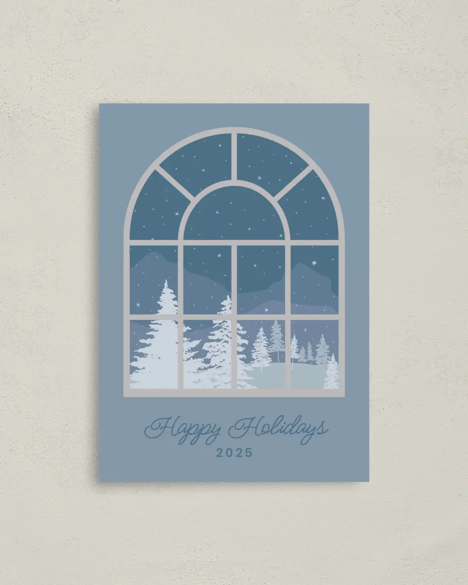 This is a 4" x 5.6" Christmas Card called Wistful Winter Window printed in full color with Gold foil on Soft Suede (coated) paper
