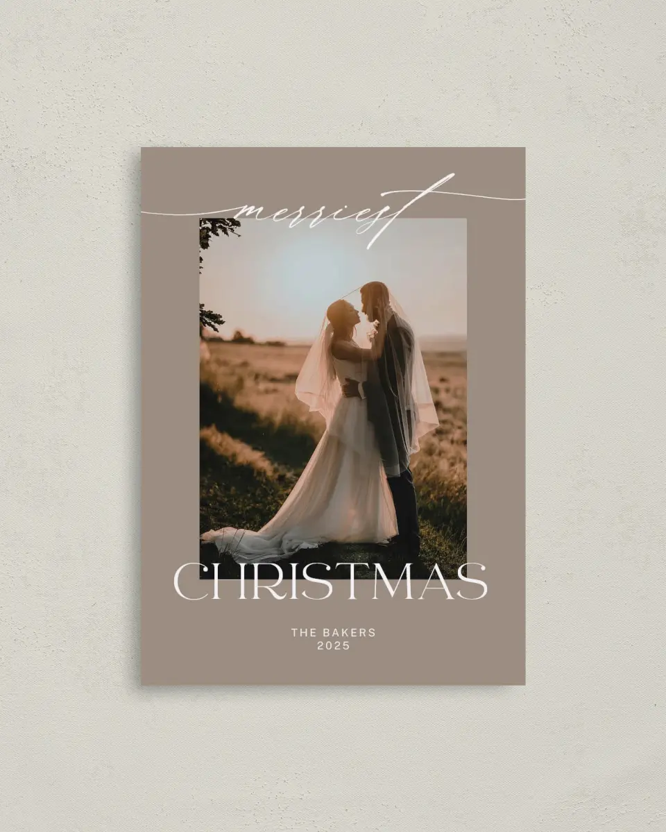 This is a 4" x 5.6" Christmas Card called Connected Christmas printed in full color with Rose Gold foil on Soft Suede (coated) paper