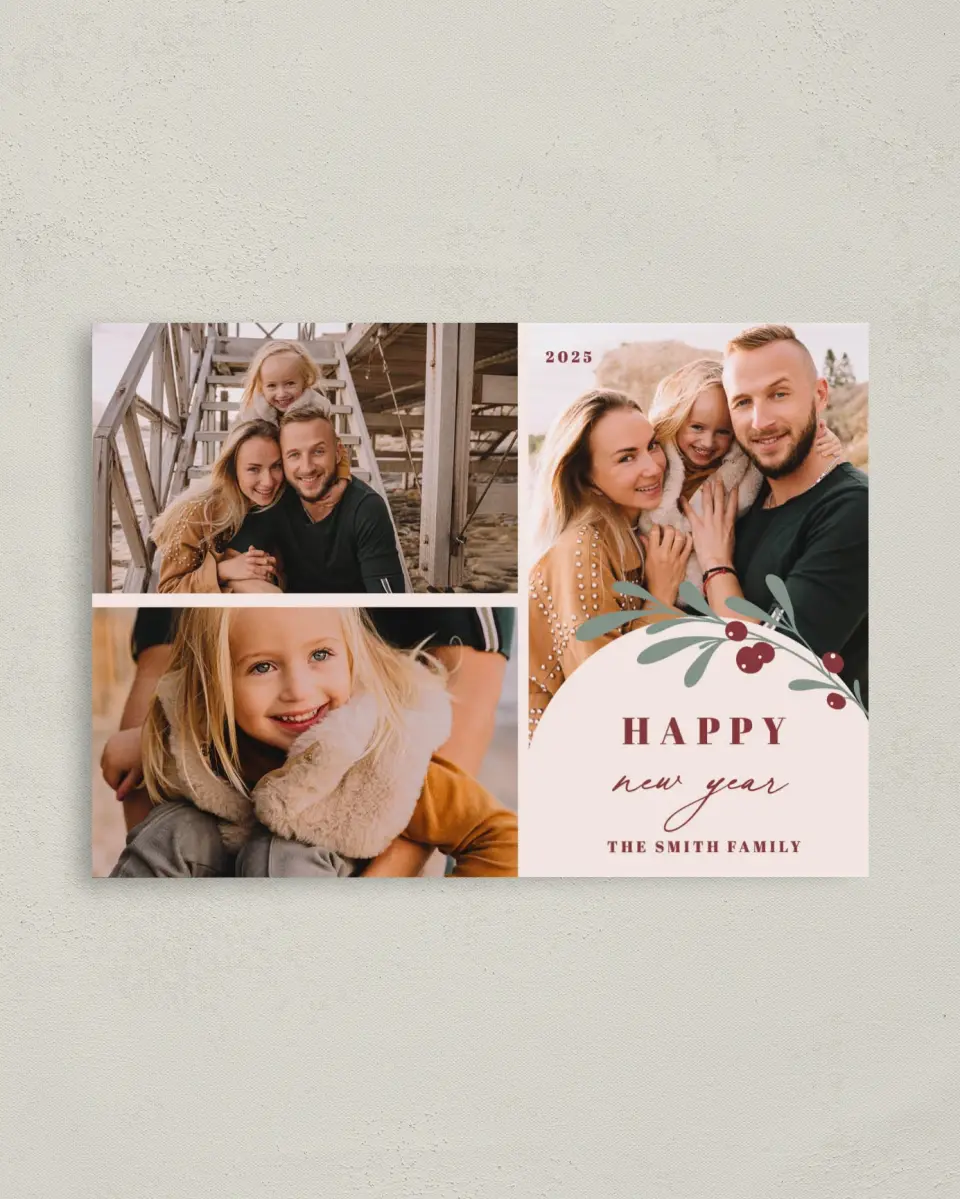 This is a 4" x 5.6" Christmas Card called Holly & Heartfelt Wishes printed in full color with Rose Gold foil on Soft Suede (coated) paper