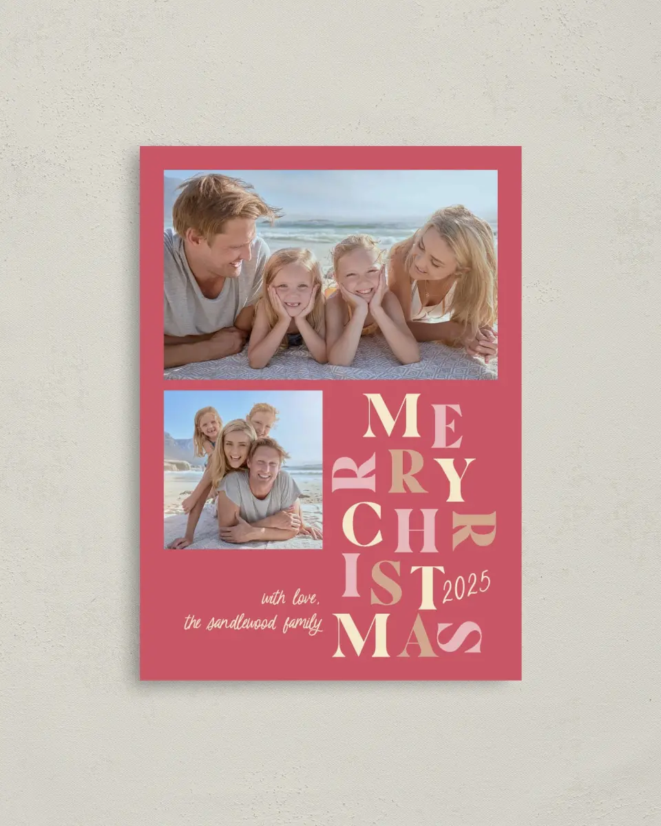 This is a 4" x 5.6" Christmas Card called Bright Spirits printed in full color with Rose Gold foil on Soft Suede (coated) paper
