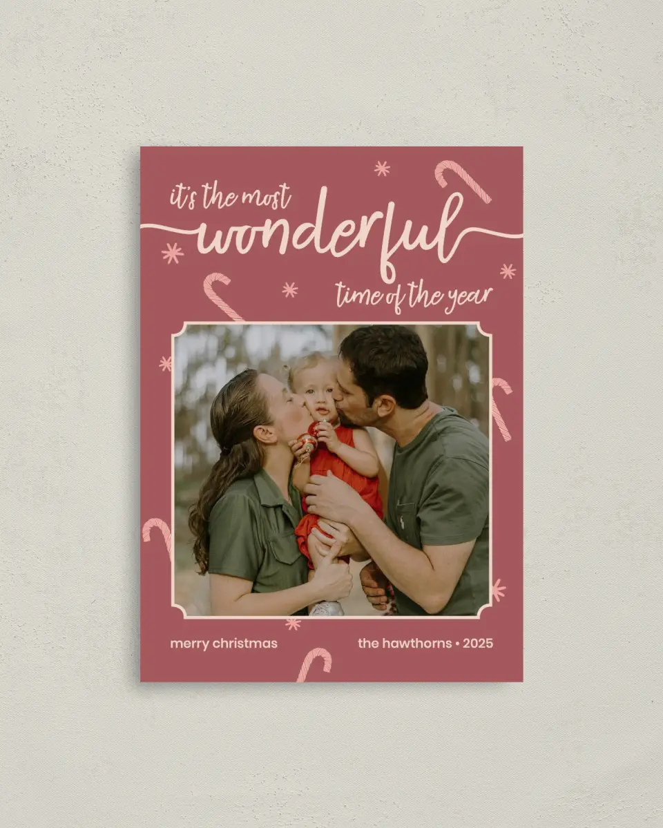 This is a 4" x 5.6" Christmas Card called Most Wonderful printed in full color with Rose Gold foil on Soft Suede (coated) paper