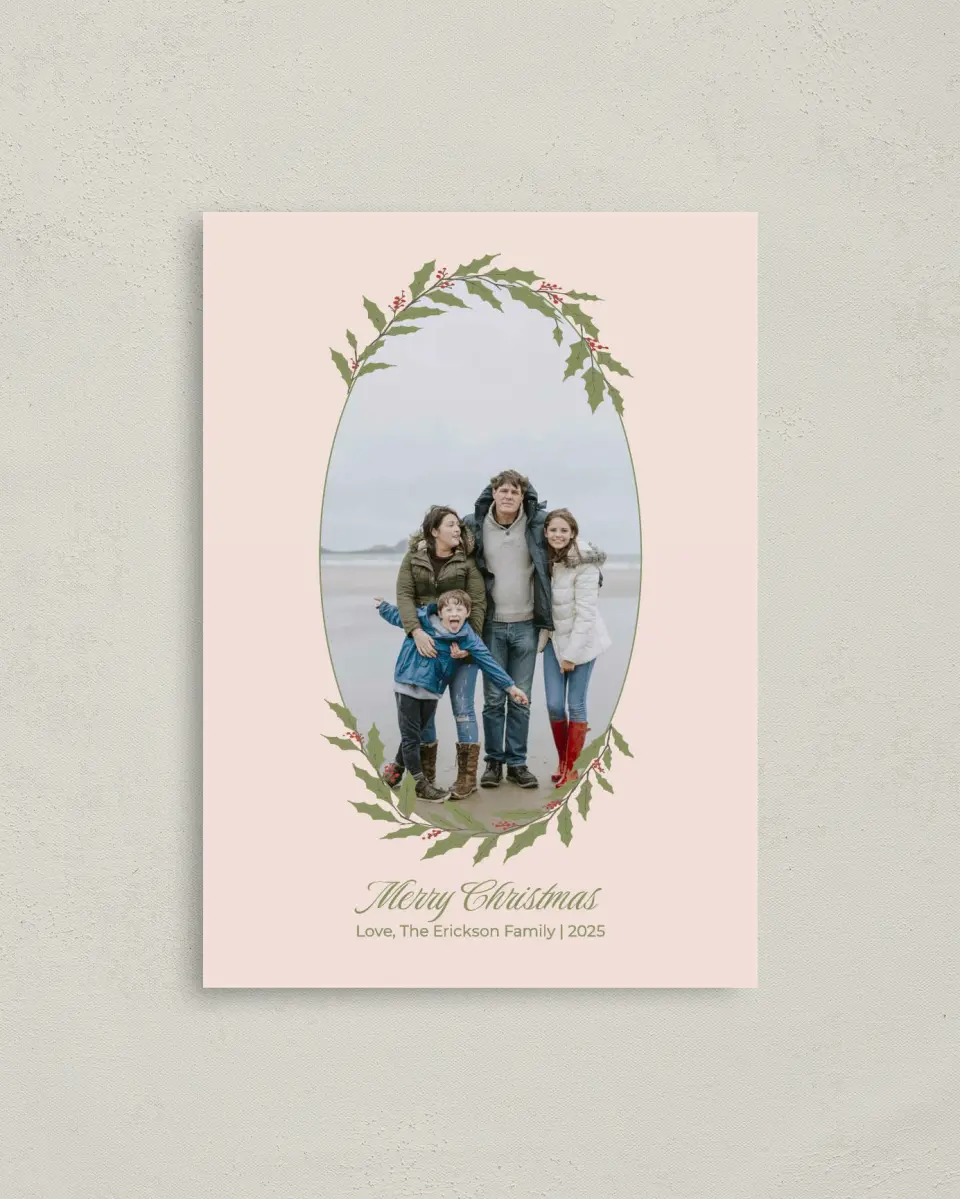 This is a 4" x 5.6" Christmas Card called Framed in Love printed in full color with Gold foil on Soft Suede (coated) paper