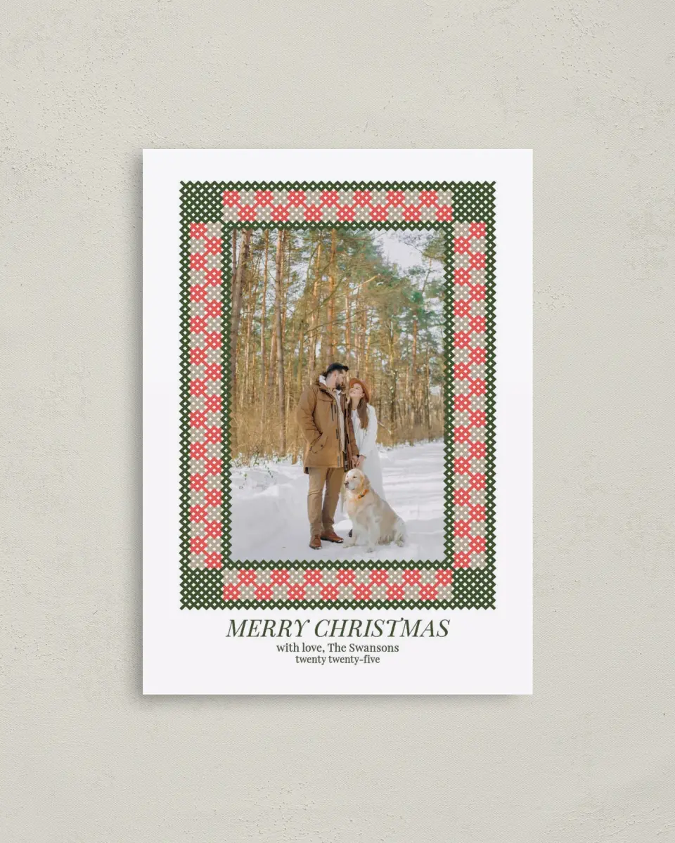 This is a 4" x 5.6" Christmas Card called Cross-Stitch Christmas printed in full color with Rose Gold foil on Soft Suede (coated) paper