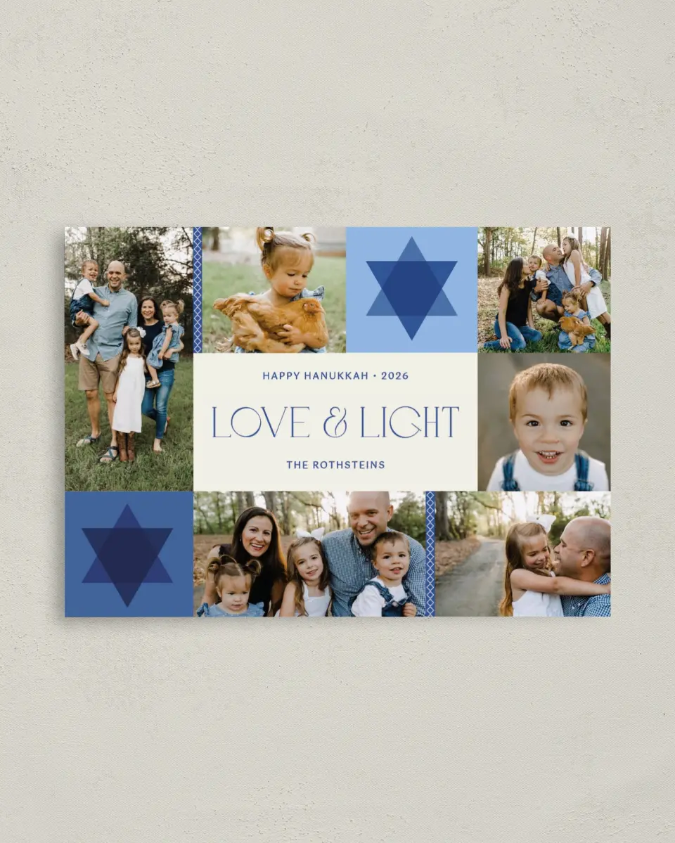 This is a 4" x 5.6" Hanukkah Card called Patchwork Star printed in full color on Premium Smooth paper