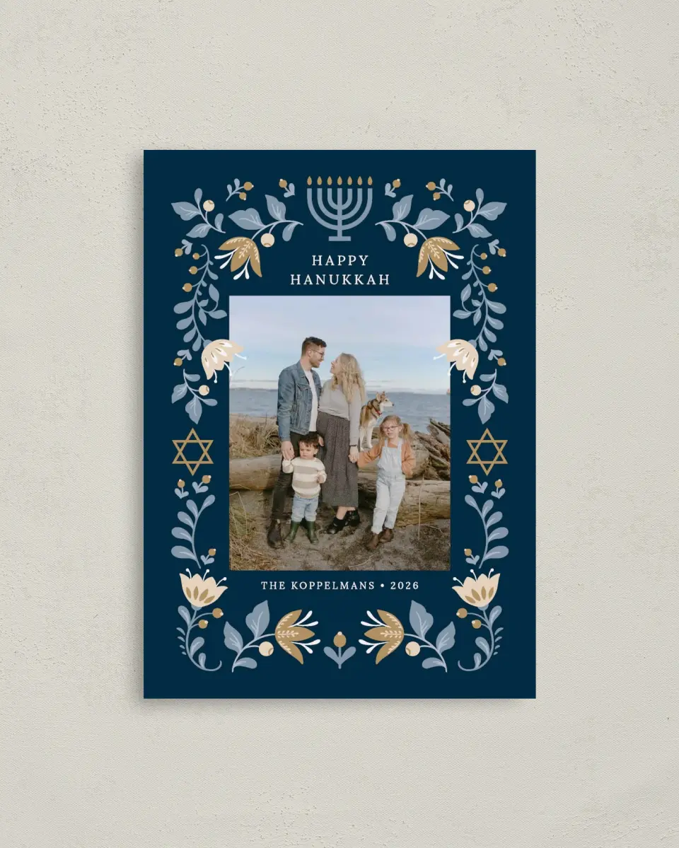 This is a 4" x 5.6" Hanukkah Card called Folk Festival printed in full color on Premium Smooth paper