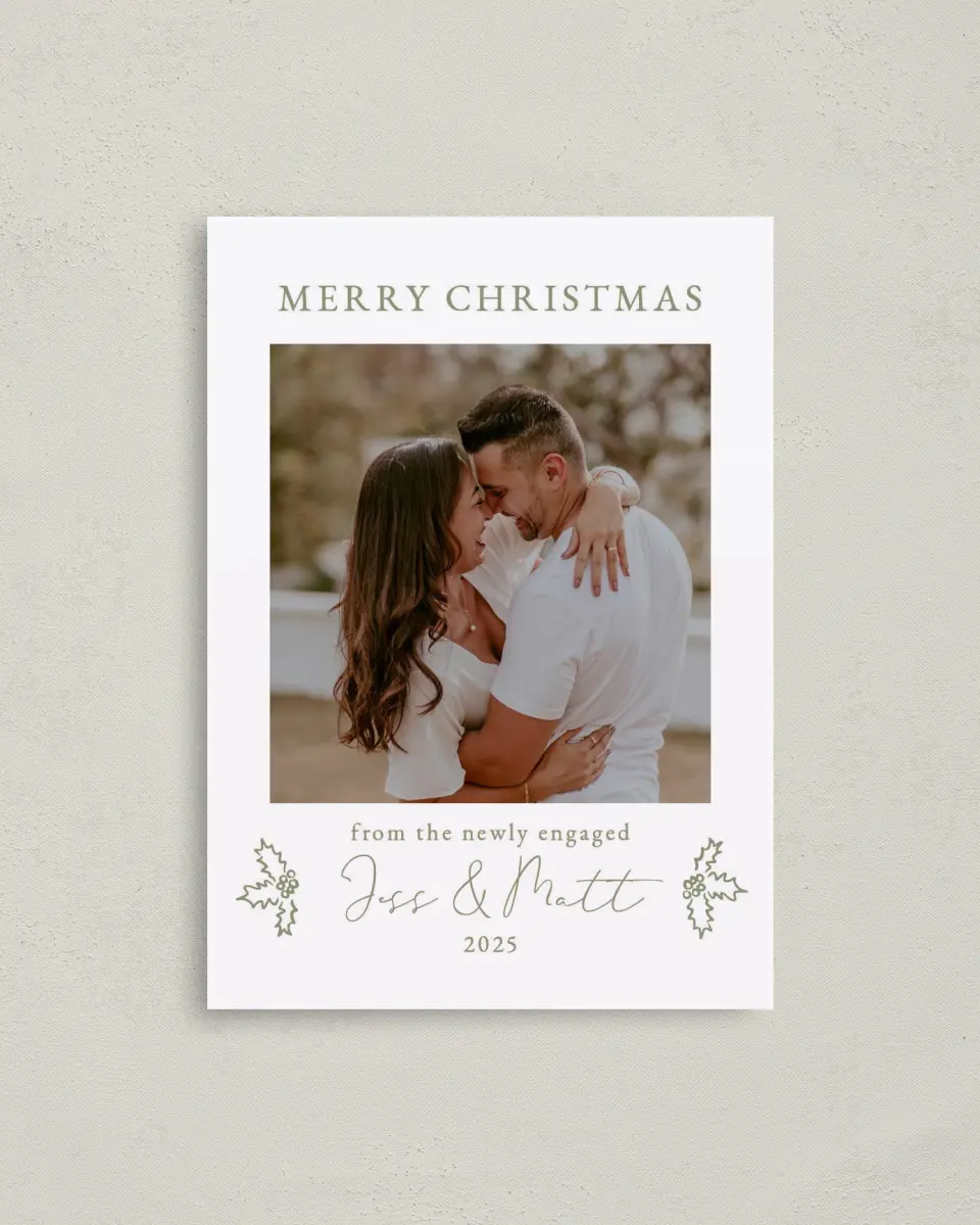 This is a 4" x 5.6" Christmas Card called Festive Fiancés printed in full color on Premium Smooth paper