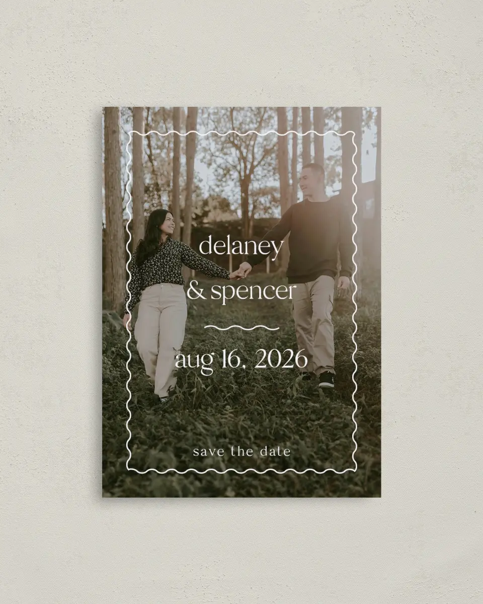 This is a 4" x 5.6" Save the Date Postcard called The Delaney printed in full color on Soft Touch Finish paper