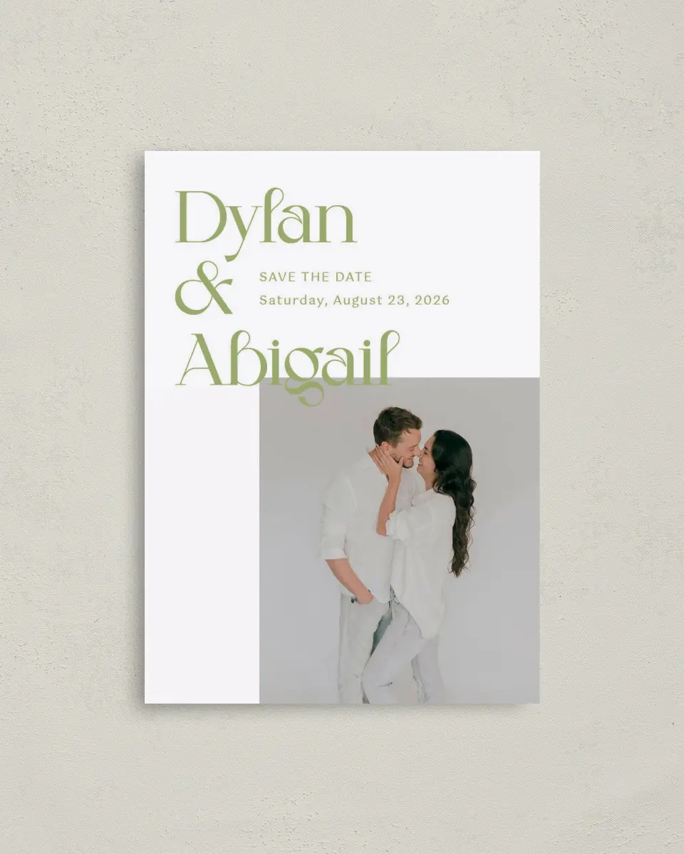This is a 4" x 5.6" Save the Date Postcard called The Abigail printed in full color on Soft Touch Finish paper