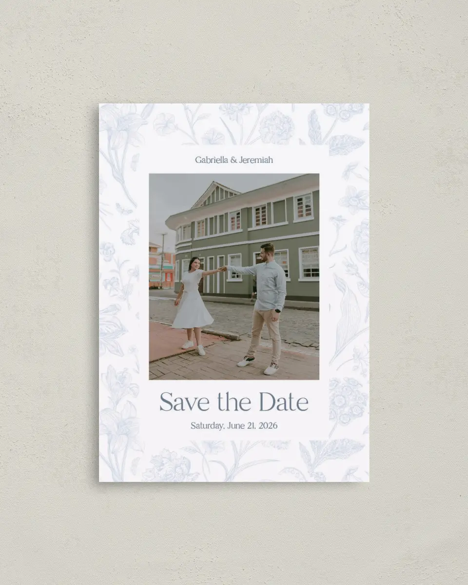 This is a 4" x 5.6" Save the Date Postcard called The Gabriella printed in full color on Soft Touch Finish paper