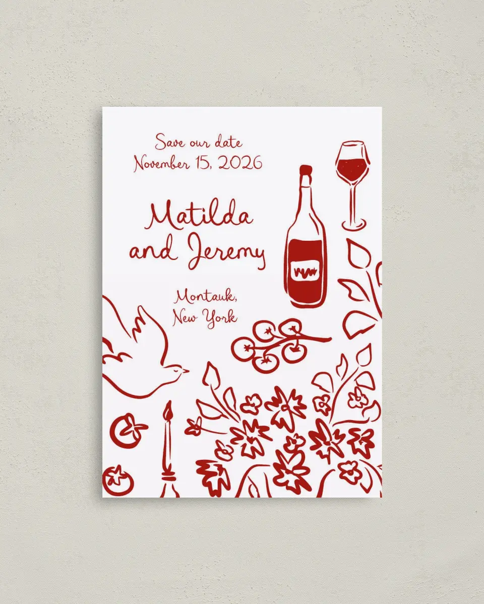 This is a 4" x 5.6" Save the Date Postcard called Love Birds printed in full color on Soft Touch Finish paper