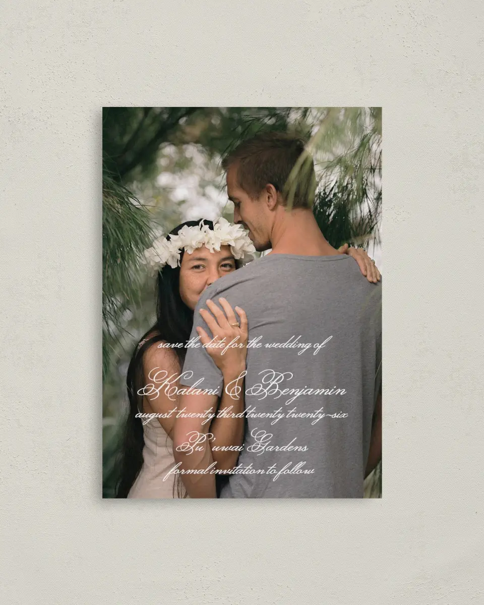 This is a 4" x 5.6" Save the Date Postcard called Aloha Amore printed in full color on Soft Touch Finish paper