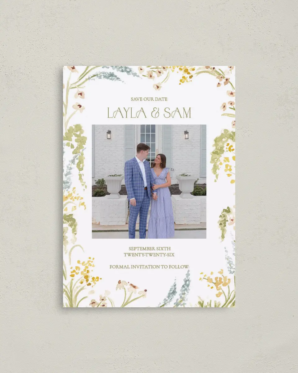 This is a 4" x 5.6" Save the Date Postcard called Forever in Bloom printed in full color on Soft Touch Finish paper